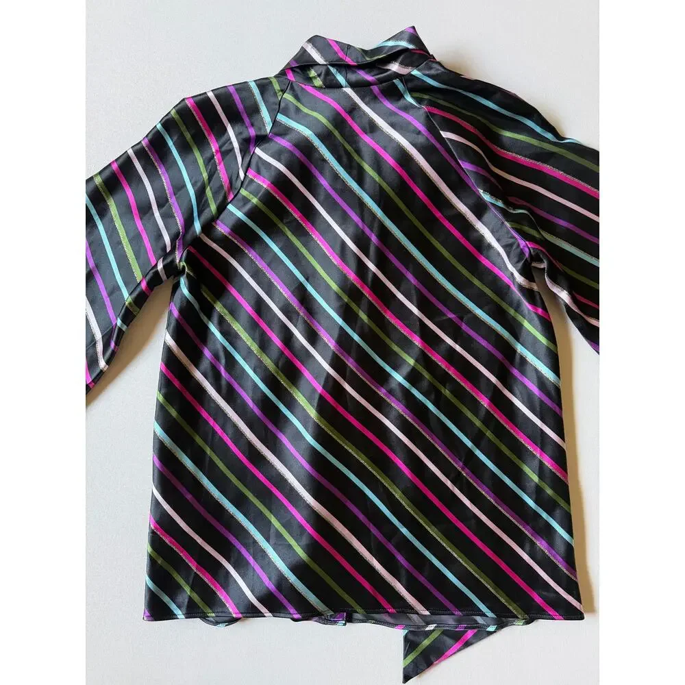 Kate Spade Women's Black Multi Party Stripe Tie-Neck Blouse Size XS